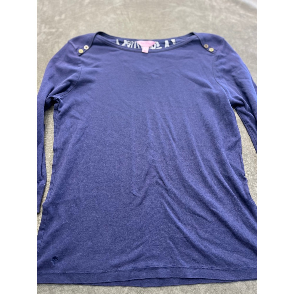 Lilly Pulitzer Womens XL Blue Boatneck Long Sleeve Top Gold Button Shoulder Logo